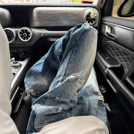 蓝色cleanfit闪电纹破洞牛仔裤男美式高街vibe裤子修身直筒微喇裤