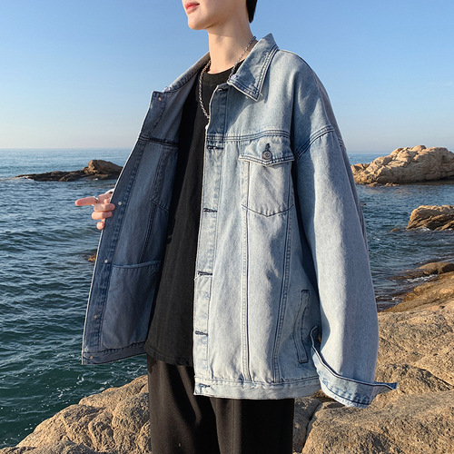 Men's denim jacket trendy loose Hong Kong style Instagram cool punk design sense top spring and autumn Hong Kong style chic retro workwear