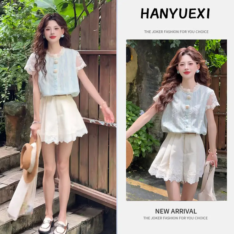 Beautiful and Beautiful Suit for Small People, Age-Reducing Splicing Lace Short-Sleeved T-Shirt, Bohemian High-Waisted Culottes Two-Piece Set