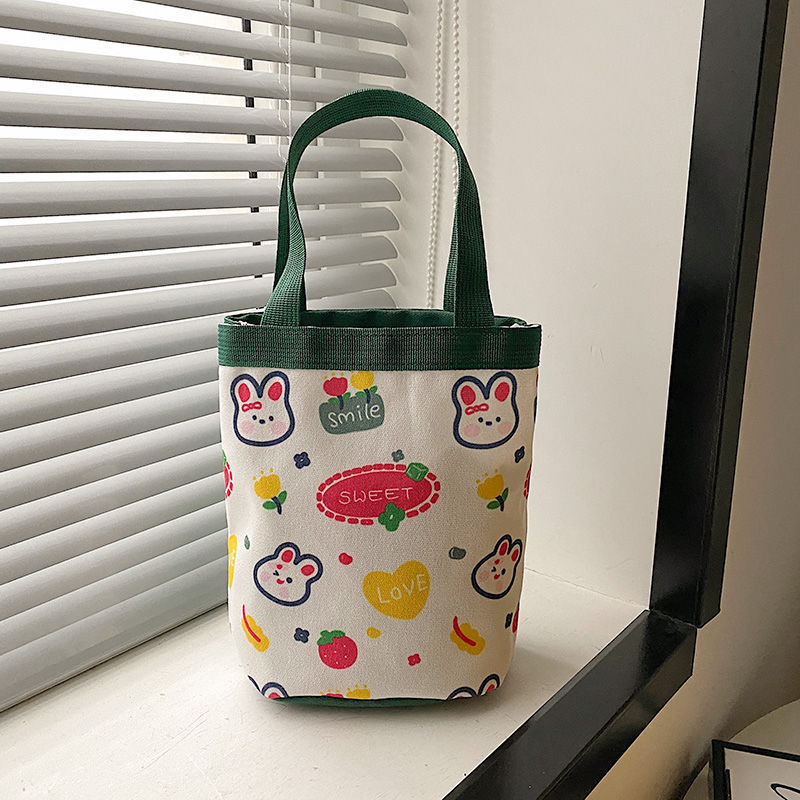 可爱插画水桶手提韩风少女心妈咪便当袋上班小拎包童趣涂鸦帆布包|undefined
