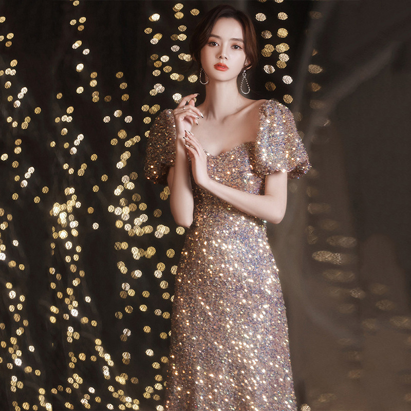 Vestido de noche con lentejuelas estilo ligero lujo nicho vestido femenino banquete elegante Socialite sentido transfronterizo anfitrión rendimiento vestido