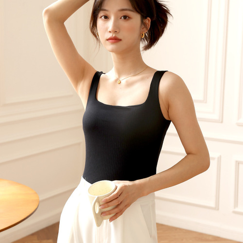 Square collar white vest with breast pads sexy pure cotton top short navel-baring knitted one-piece spring and summer suspender for women