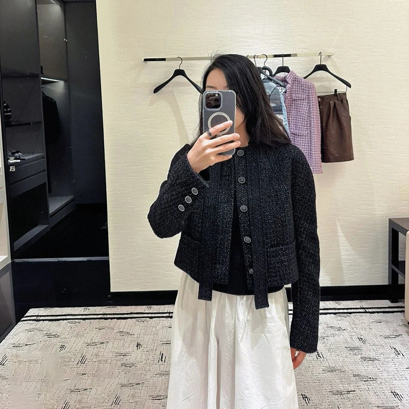 In-Stock French-Style Small Fragrance Tie Bowknot Diamond-Studded Straight Suit Trendy Silver Thread Tweed Short Jacket