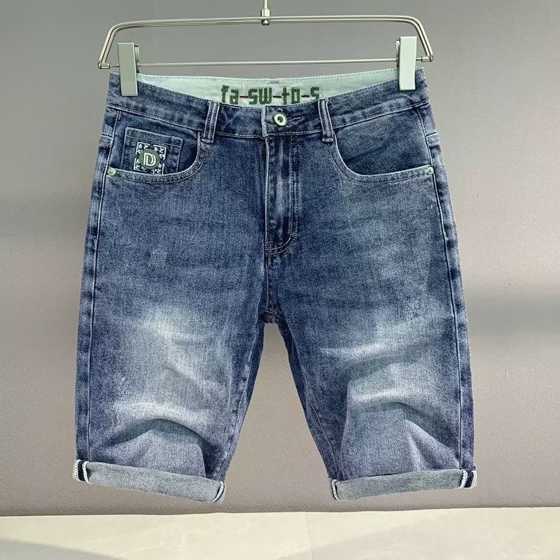 Men's Stretch Denim Shorts With Embroidery And Print Designs, Slim Fit 5-Pocket Casual Shorts For Summer Street Style_mkmklike.com