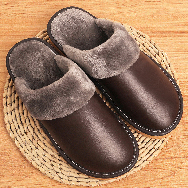 Haining Cowhide Slippers Home Indoor Non-Slip Rubber Bottom Lovers Floor Genuine Leather Cotton Slippers Men's fleece-lined