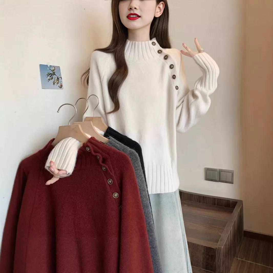 日韩跨境秋冬简约韩版斜襟半高领针织毛衣女大码百搭休闲长袖上衣