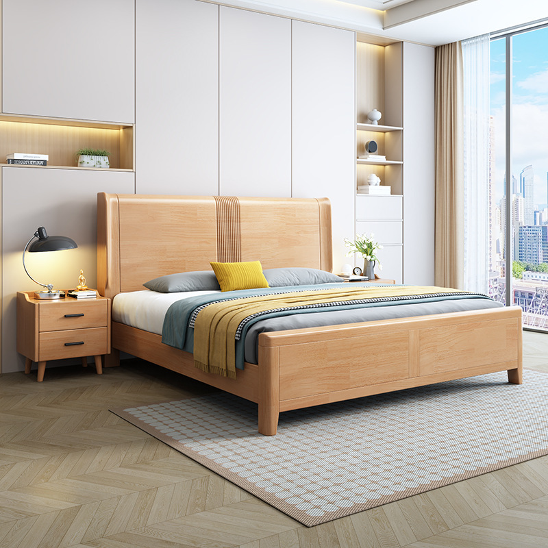 Factory Direct Sales Brand Nordic Solid Wood Bed Simple European Light Luxury Modern Simple European Rubber Wood High-End Master Bedroom Economical