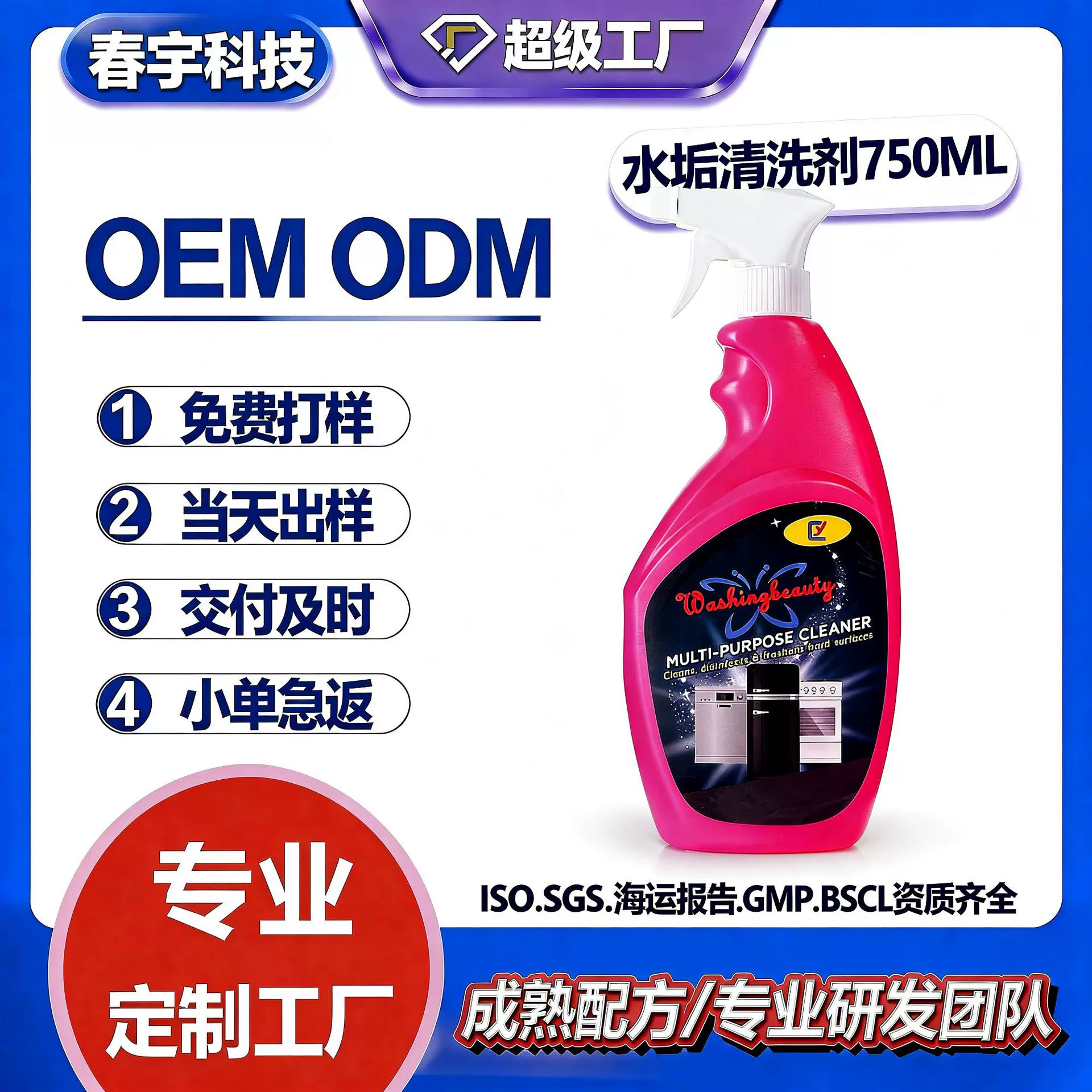 批发卫浴厨房花洒清洁剂浴室玻璃水垢清洗剂750ML家用清洁防霉