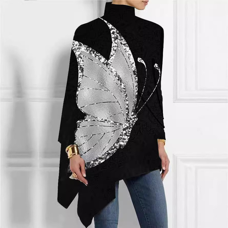 2024 Cross-border Pullover Long-sleeved Christmas Abstract 3D Printed Loose High-collar Urban Casual Women's T-shirt