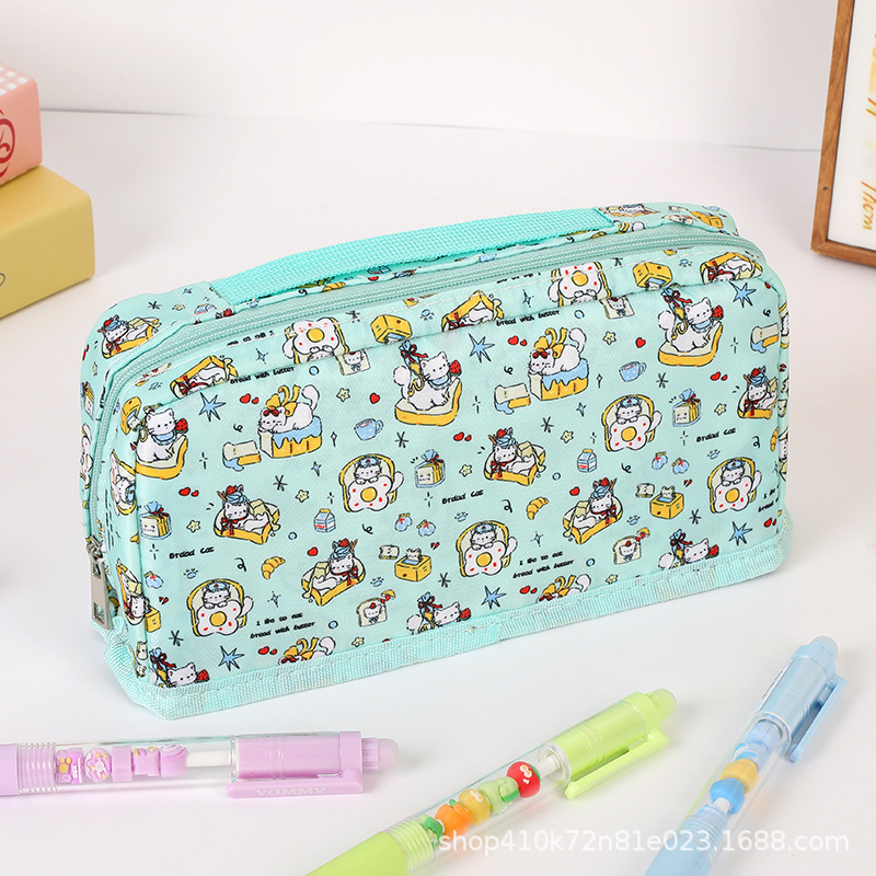 ins 新しいトースト猫折りたたみ鉛筆バッグ高価値かわいいガーリー学生鉛筆文具箱収納袋|undefined