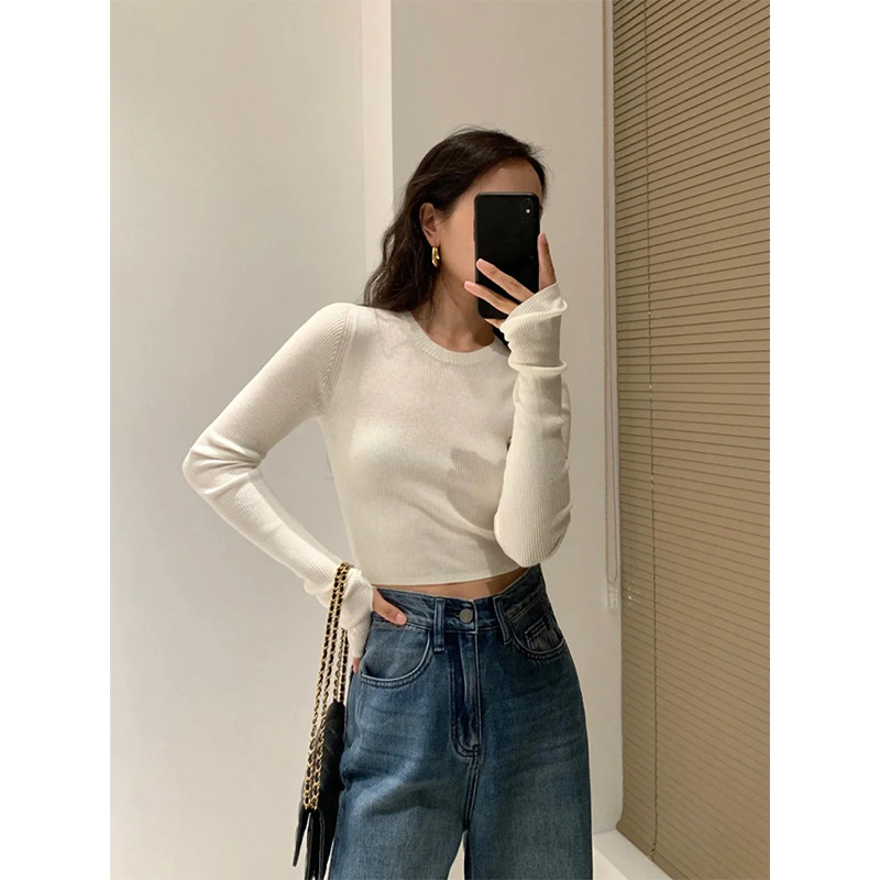 MosesQueen魔西纯色短款套头针织衫女高腰打底衫长袖内搭圆领上衣|undefined