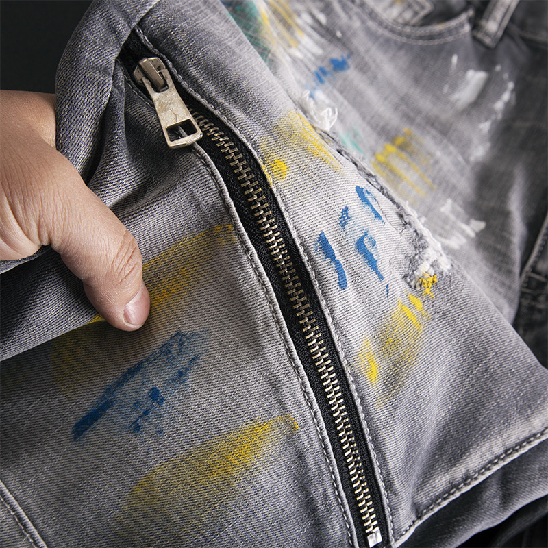 Men's Clothing Ripped, Patched, Graffiti Print Patchwork Jeans, Slim Fit, Stretch, Retro, Splatter Paint, Zipper, American High End Trendy Style._voghion.com