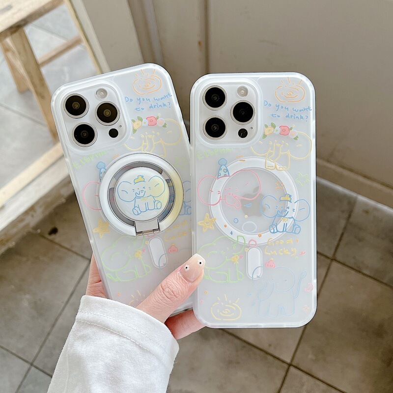 彩线条大象肤感手机壳适用苹果16/15PRO磁吸支架iPhone14/13P卡通|undefined