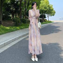 韩版印花中长款法式新款A字裙v领显瘦朦胧短袖开叉淑女风复古夏季