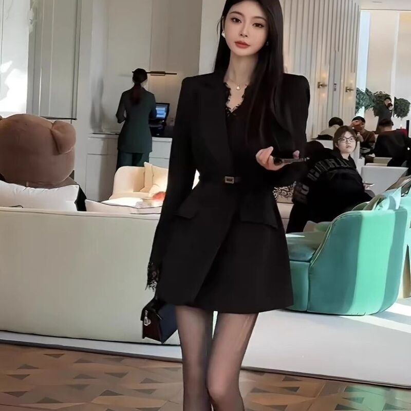 春秋新款西装2025外套连衣裙收腰显瘦蕾丝气质西服中长款黑色|undefined