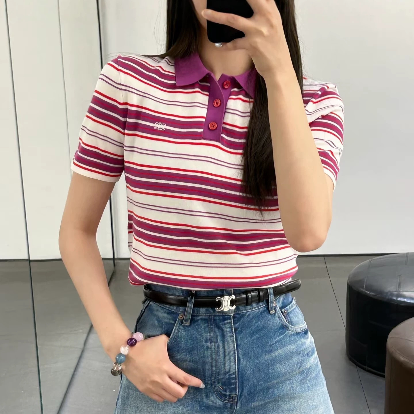 High-end Arc de Triomphe retro color-blocked striped short-sleeved T-shirt with oversized shoulders, new summer 2026 women's polo shirt