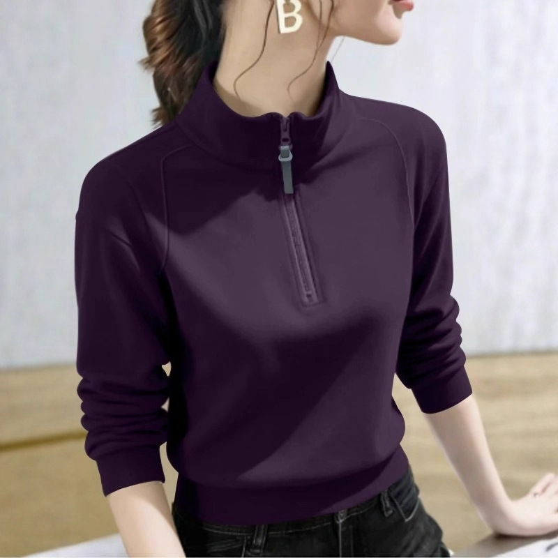2025 Autumn/Winter Double-Sided Fleece Fashionable Casual Half-Zip Stand Collar Base Layer Top for Women, Solid Color Long Sleeve Inner Layer