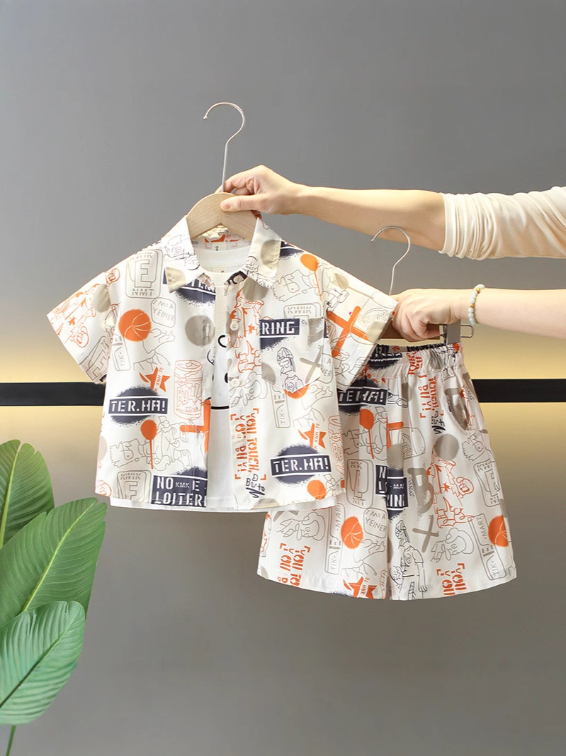 7867 Traje delgado de manga corta para niños, pantalones cortos de verano para niños, chaleco, camisa de bebé de tres piezas, ropa de verano