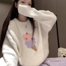 新款秋冬季半边绒睡衣少女甜美紫色冰激凌圆领长袖长裤保暖家居服