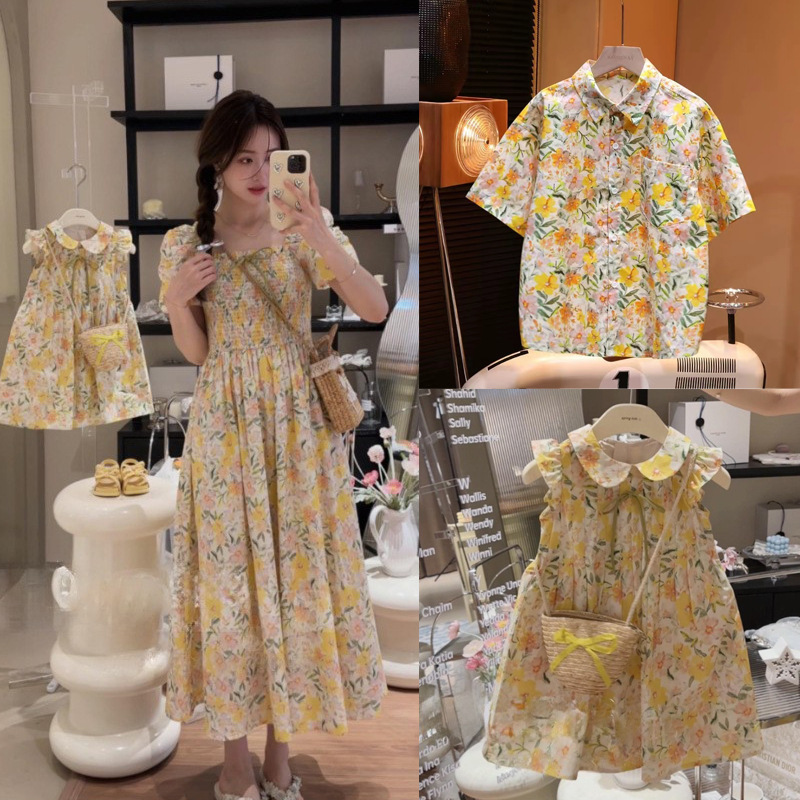 Parent-child Yellow Floral dress Summer Korean-style New Mother and Dresses dress Children's Clothing Class A Cotton Dress