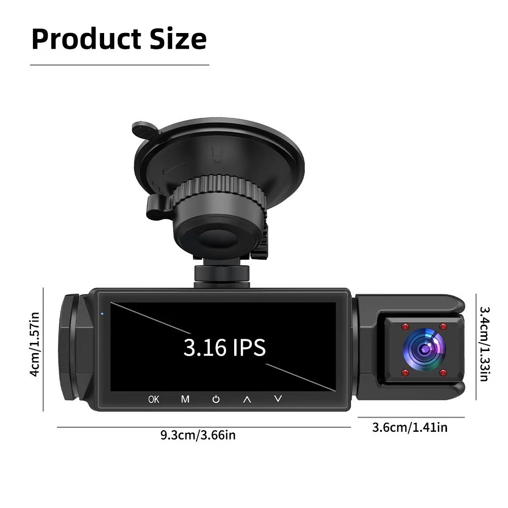 Three-lens dashcam for ride-sharing services with WiFi connectivity, infrared night vision, wide-angle, and in-car synchronized recording