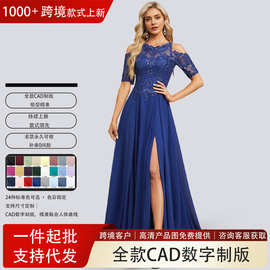 跨境亚马逊晚礼服裙女 A字露肩袖亮片蕾丝雪纺舞会婚纱外贸伴娘装
