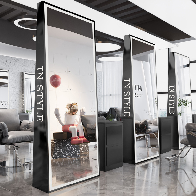 Barbería espejo salón especial espejo barbería piso corte de pelo red rojo doble cara con lámpara contra la pared escaldado espejo de marea