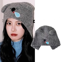 帽子女秋冬可爱灰色考拉毛线帽保暖护耳针织帽大头围显脸小包头帽