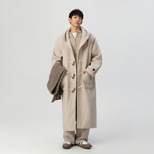 潮学生男士毛呢大衣冬季新款加厚加厚牛角扣中长款连帽风衣外套