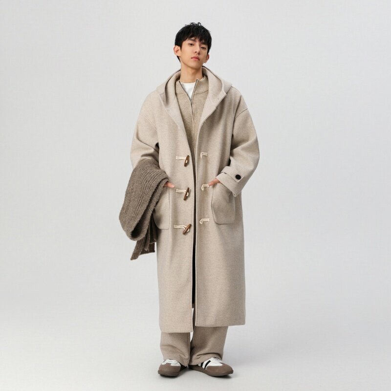 Fashionable Student Men's Woolen Coat Winter New Thickened Thickened Corner Buckle Mid-Long Hooded Coat Coat Fashionable Student Men's Woolen Coat Winter New Thickened Thickened Corner Buckle Mid-Long Hooded Coat Coat