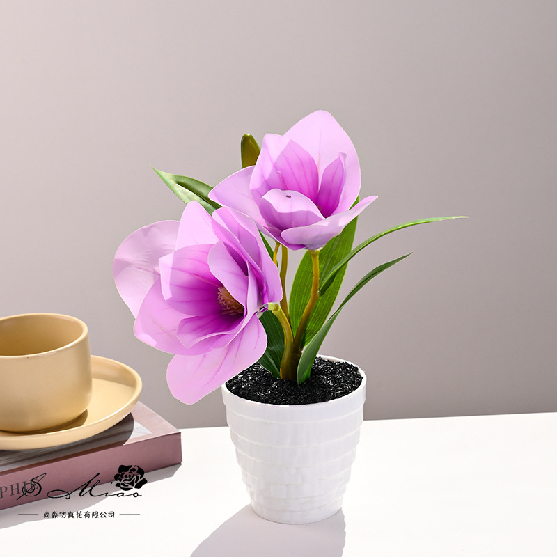 Dos flores y una fruta sensación de mano flor de magnolia bonsai simulación flor de decoración de estudio en el hogar decoración de plantas verdes artificiales simulación maceta image 7