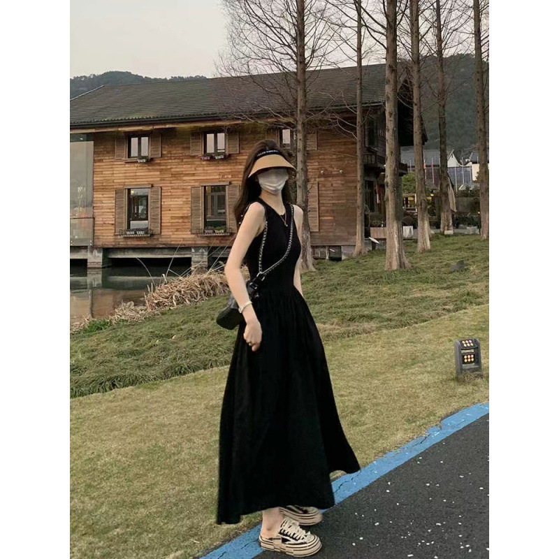 Black Skirt Hepburn Style Sleeveless Vest Dress Women's Summer French Waist Slimming Look Elegant A-Line Mid-Length Skirt