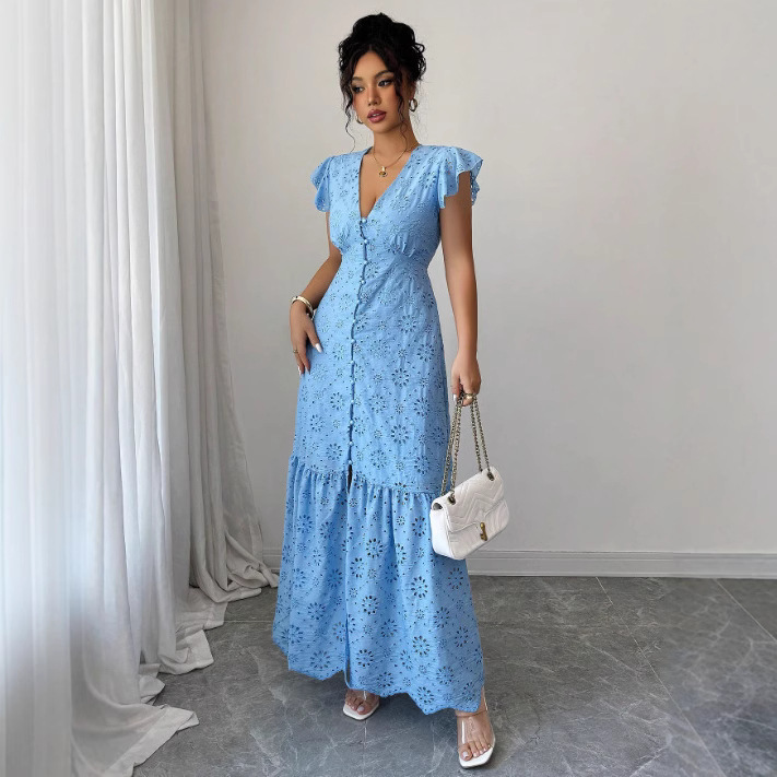 European and American Cross-Border Women's Eyelet Embroidered Dress Skirt 2025 Summer Independent Station Amazon