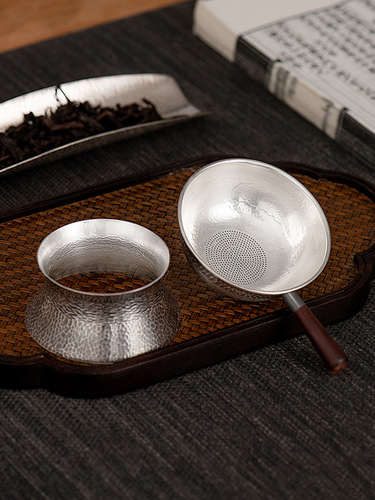 BB4C wholesale pure handmade tea drain saucer set sterling silver 999 handmade hammered tea strainer for home tea ceremony