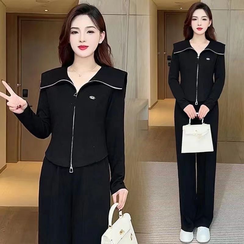 Korean Style Sportswear Suit for Women 2024 Spring & Fall New Loose Slimming Look Printed Cardigan Wide Leg Pants Two-Piece Trendy Set