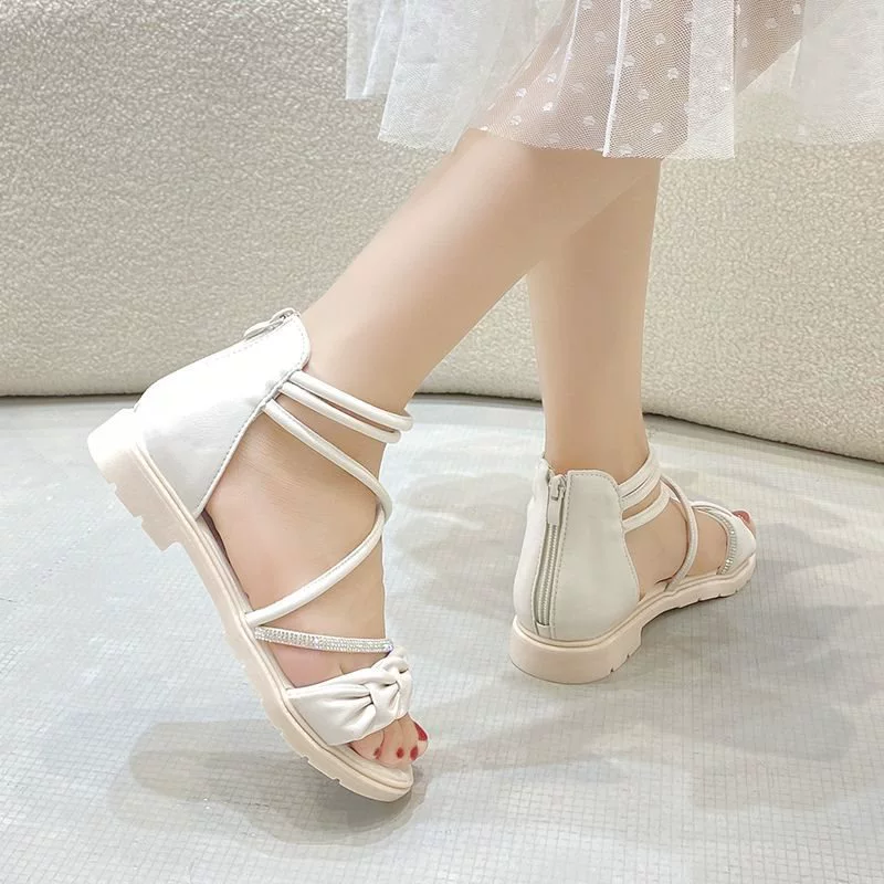 Женские сандалии 2025 новые летние плоские студенческие в корейском стиле преппи универсальные с ремешком и молнией на задней части в стиле феи римские туфли