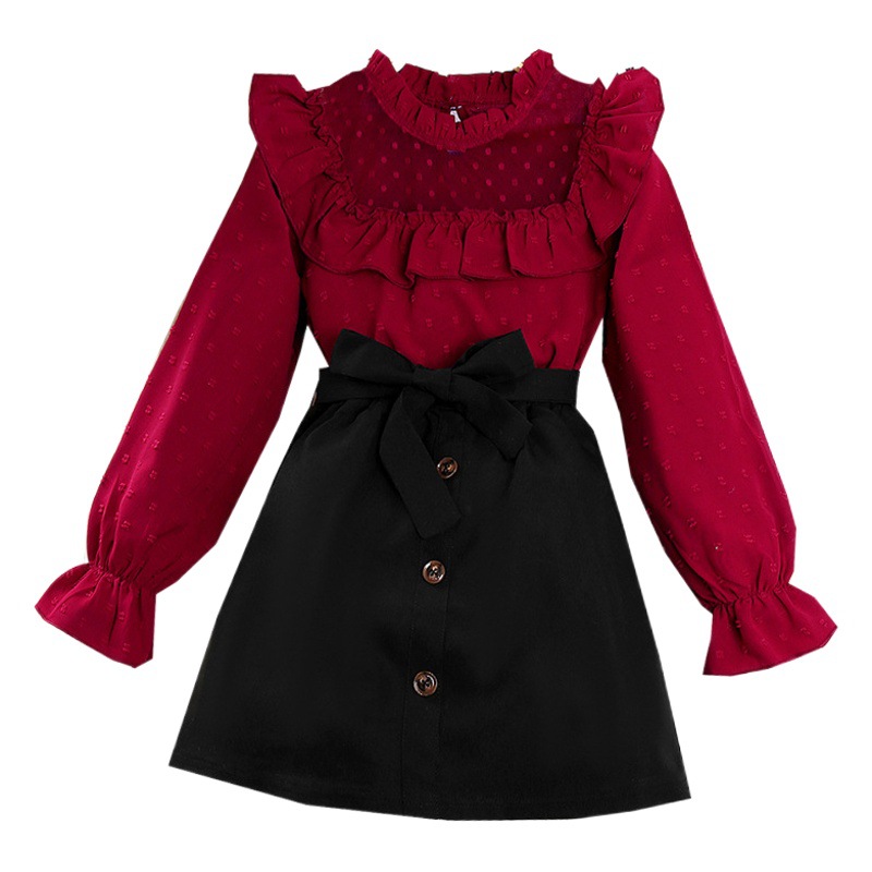 Traje de ropa de primavera para niñas 2024 primavera nueva costura de encaje europeo y americano Polka Dot camisa de manga larga falda corta Comercio exterior ropa para niños