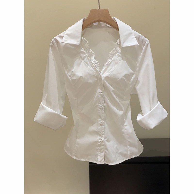 Absolutely amazing~ Purely desirable lace V-neck white shirt for women, with a turn-down collar, stylish design, waist-cinching, and long sleeves Absolutely amazing~ Purely desirable lace V-neck white shirt for women, with a turn-down collar, stylish design, waist-cinching, and long sleeves
