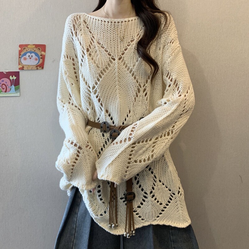 Diamond-Shaped Crochet Hollow Lace Hem Knitwear for Women Autumn New Fat mm Design Waist Slimming Look Top