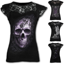 跨境 2022夏季热销欧美女装亚马逊新款时尚骷髅印花圆领女士T恤