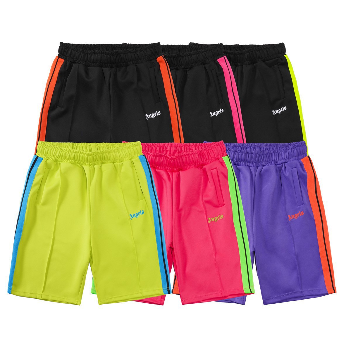 Ángel nuevos pantalones cortos deportivos casuales respirables para hombres y mujeres con correa lateral de tejido de color arco iris cuerdas de tirada de cintura