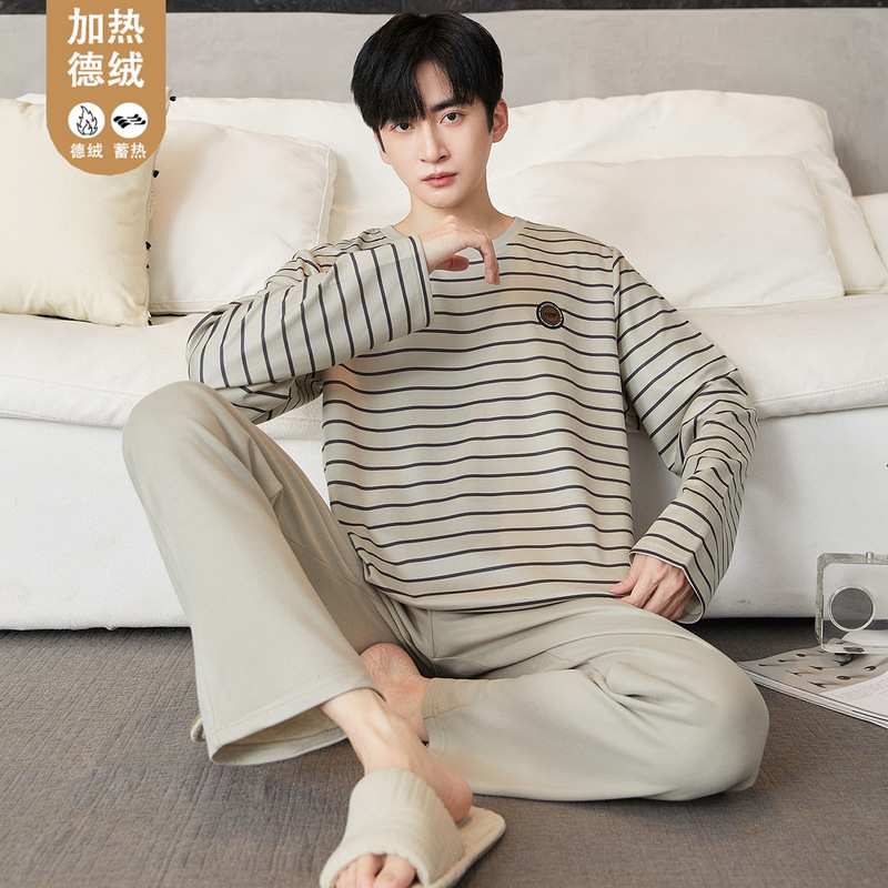 Silk Wool Velvet Men's Pajamas Autumn and Winter Long-Sleeved Suit Youth Heat Storage Warm Round Neck Casual Home Wear Silk Wool Velvet Men's Pajamas Autumn and Winter Long-Sleeved Suit Youth Heat Storage Warm Round Neck Casual Home Wear