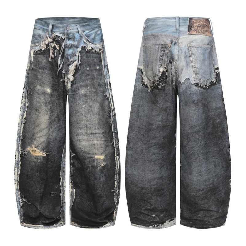 Ac Style High Street Distressed Jeans with Heavy Washing, Handmade Frayed Edges, Unisex Vintage Loose Fit Long Pants
