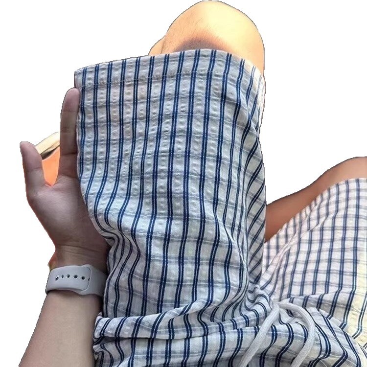 Seersucker Plaid Shorts Men's Summer Thin Splicing Design Straight Casual Wide-leg Five-point Pants_viptrois.com