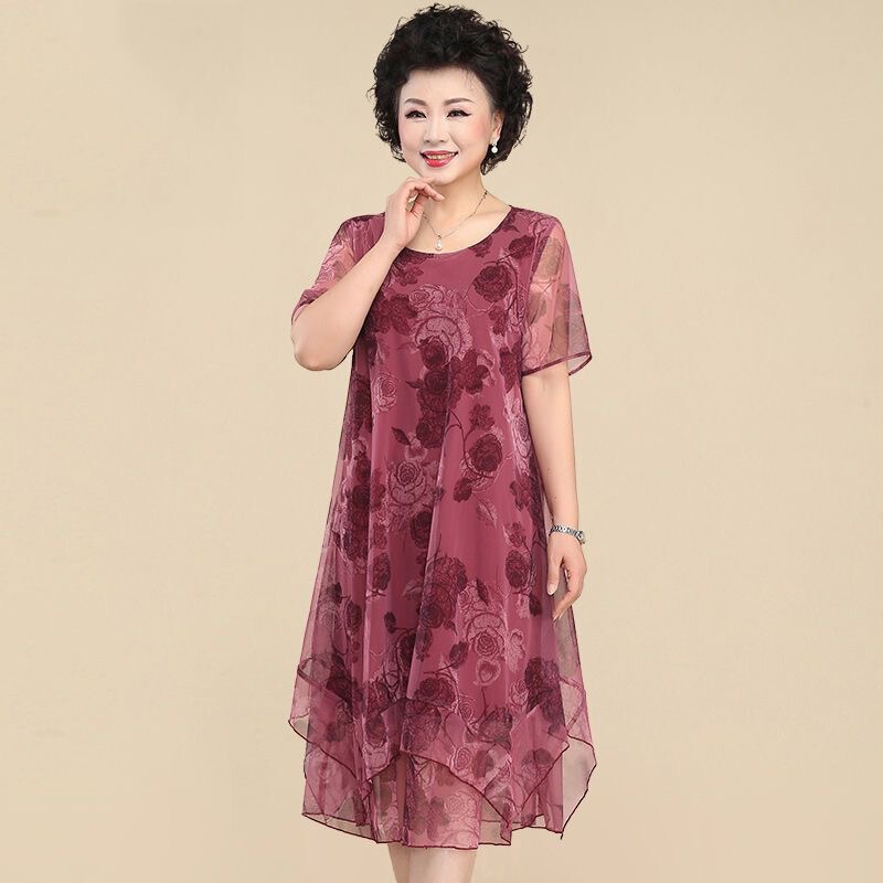 Plus-Size Short-Sleeve Dress for Fat Women, Loose and Slimming, Stylish Mom Dress, Mesh Floral Dress Plus-Size Short-Sleeve Dress for Fat Women, Loose and Slimming, Stylish Mom Dress, Mesh Floral Dress