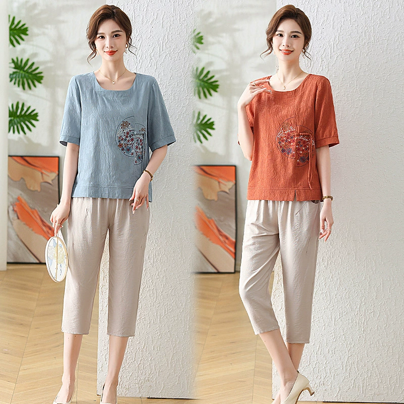 Летняя футболка с круглым вырезом и короткими рукавами для мамы, комплект из двух предметов для людей среднего и пожилого возраста, свободная повседневная и удобная одежда, женский костюм