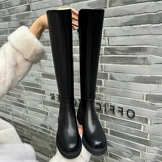 牛皮版真皮厚底增高长筒靴女弹力瘦瘦靴英伦粗跟骑士靴过膝长靴