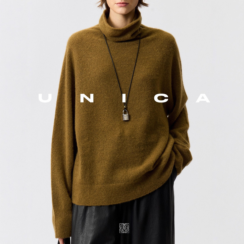 Unica/Mixed Color Silk Cashmere Pile Collar_Lazy Raglan Sleeves Light Seamless Knitted Sweater