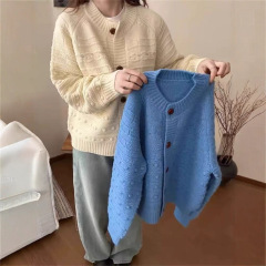 韩系秋冬穿搭小个子针织开衫上衣女圆领波浪纹短款毛衣外套女纯色