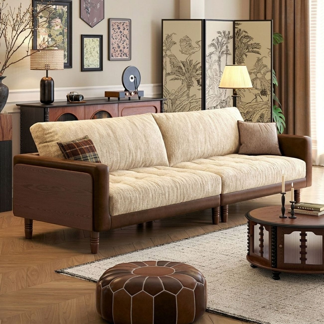French-style cream-colored fabric sofa, removable and washable, suitable for small living rooms, American-style solid wood sofa, leather and fabric sofa